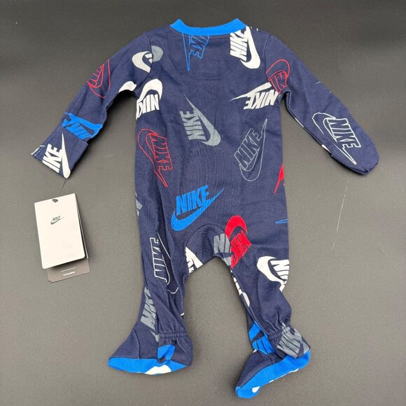 Nike Baby Footed Pajamas 3M Blue Multicolor Navy Logos Cotton Blend 56G821-U90 - Picture 3 of 5